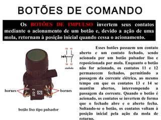 BOTÕES DE COMANDO
Os BOTÕES DE IMPULSO invertem seus contatos
mediante o acionamento de um botão e, devido a ação de uma
mola, retornam à posição inicial quando cessa o acionamento.
Esses botões possuem um contato
aberto e um contato fechado, sendo
acionada por um botão pulsador liso e
reposicionada por mola. Enquanto o botão
não for acionado, os contatos 11 e 12
permanecem fechados, permitindo a
passagem da corrente elétrica, ao mesmo
tempo em que os contatos 13 e 14 se
mantêm abertos, interrompendo a
passagem da corrente. Quando o botão é
acionado, os contatos se invertem de forma
que o fechado abre e o aberto fecha.
Soltando-se o botão, os contatos voltam à
posição inicial pela ação da mola de
retorno.
 