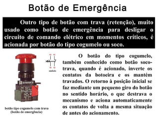 Botão de Emergência
Outro tipo de botão com trava (retenção), muito
usado como botão de emergência para desligar o
circuito de comando elétrico em momentos críticos, é
acionada por botão do tipo cogumelo ou soco.
O botão do tipo cogumelo,
também conhecido como botão soco-
trava, quando é acionado, inverte os
contatos da botoeira e os mantém
travados. O retorno à posição inicial se
faz mediante um pequeno giro do botão
no sentido horário, o que destrava o
mecanismo e aciona automaticamente
os contatos de volta a mesma situação
de antes do acionamento.
 