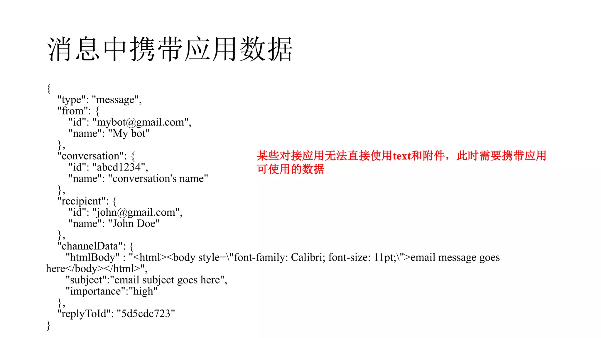 消息中携带应用数据
{
"type": "message",
"from": {
"id": "mybot@gmail.com",
"name": "My bot"
},
"conversation": {
"id": "abcd1234",
"name": "conversation's name"
},
"recipient": {
"id": "john@gmail.com",
"name": "John Doe"
},
"channelData": {
"htmlBody" : "<html><body style="font-family: Calibri; font-size: 11pt;">email message goes
here</body></html>",
"subject":"email subject goes here",
"importance":"high"
},
"replyToId": "5d5cdc723"
}
某些对接应用无法直接使用text和附件，此时需要携带应用
可使用的数据
 