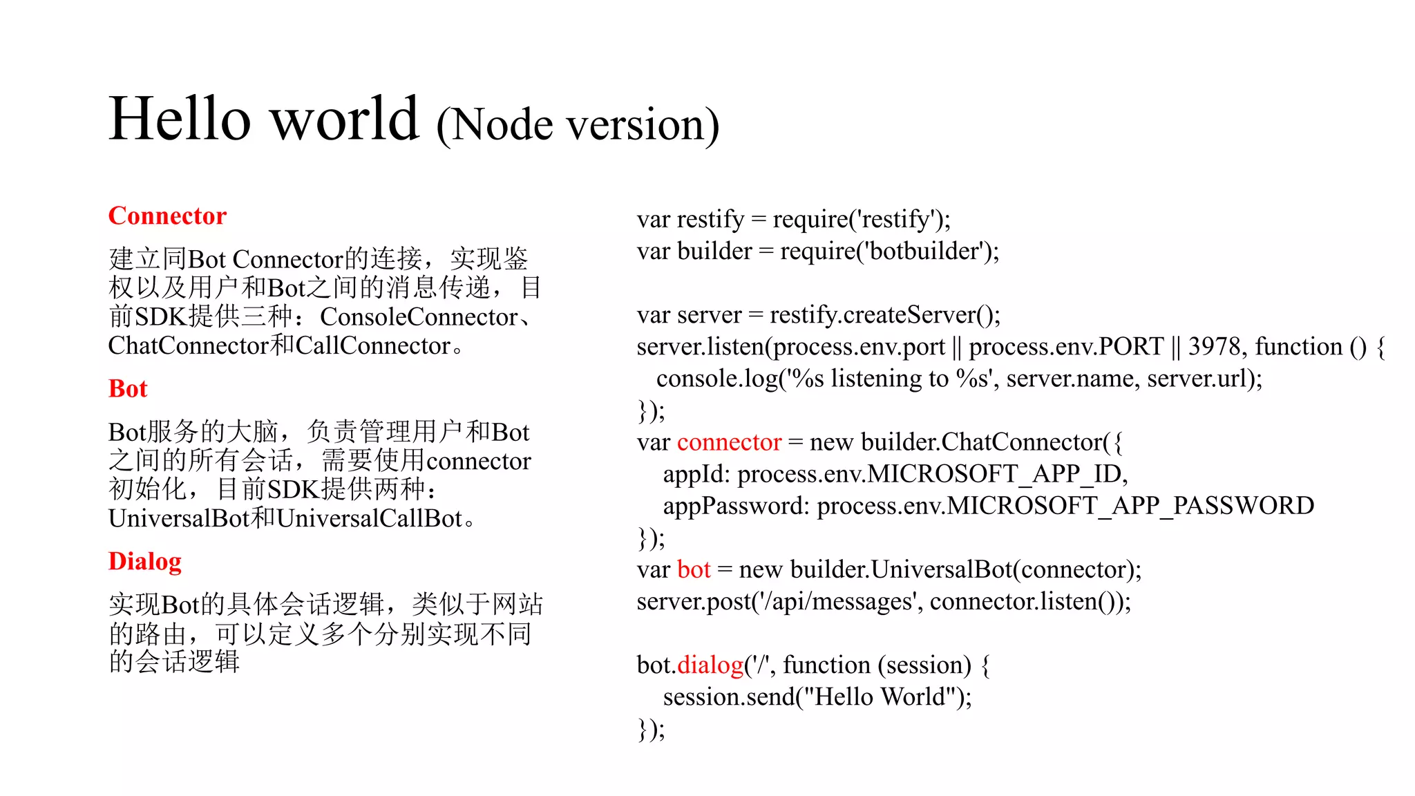 Hello world (Node version)
var restify = require('restify');
var builder = require('botbuilder');
var server = restify.createServer();
server.listen(process.env.port || process.env.PORT || 3978, function () {
console.log('%s listening to %s', server.name, server.url);
});
var connector = new builder.ChatConnector({
appId: process.env.MICROSOFT_APP_ID,
appPassword: process.env.MICROSOFT_APP_PASSWORD
});
var bot = new builder.UniversalBot(connector);
server.post('/api/messages', connector.listen());
bot.dialog('/', function (session) {
session.send("Hello World");
});
Connector
建立同Bot Connector的连接，实现鉴
权以及用户和Bot之间的消息传递，目
前SDK提供三种：ConsoleConnector、
ChatConnector和CallConnector。
Bot
Bot服务的大脑，负责管理用户和Bot
之间的所有会话，需要使用connector
初始化，目前SDK提供两种：
UniversalBot和UniversalCallBot。
Dialog
实现Bot的具体会话逻辑，类似于网站
的路由，可以定义多个分别实现不同
的会话逻辑
 
