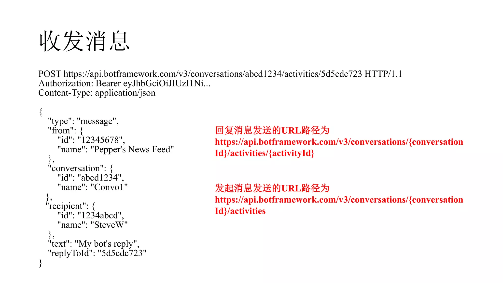 POST https://api.botframework.com/v3/conversations/abcd1234/activities/5d5cdc723 HTTP/1.1
Authorization: Bearer eyJhbGciOiJIUzI1Ni...
Content-Type: application/json
{
"type": "message",
"from": {
"id": "12345678",
"name": "Pepper's News Feed"
},
"conversation": {
"id": "abcd1234",
"name": "Convo1"
},
"recipient": {
"id": "1234abcd",
"name": "SteveW"
},
"text": "My bot's reply",
"replyToId": "5d5cdc723"
}
收发消息
回复消息发送的URL路径为
https://api.botframework.com/v3/conversations/{conversation
Id}/activities/{activityId}
发起消息发送的URL路径为
https://api.botframework.com/v3/conversations/{conversation
Id}/activities
 