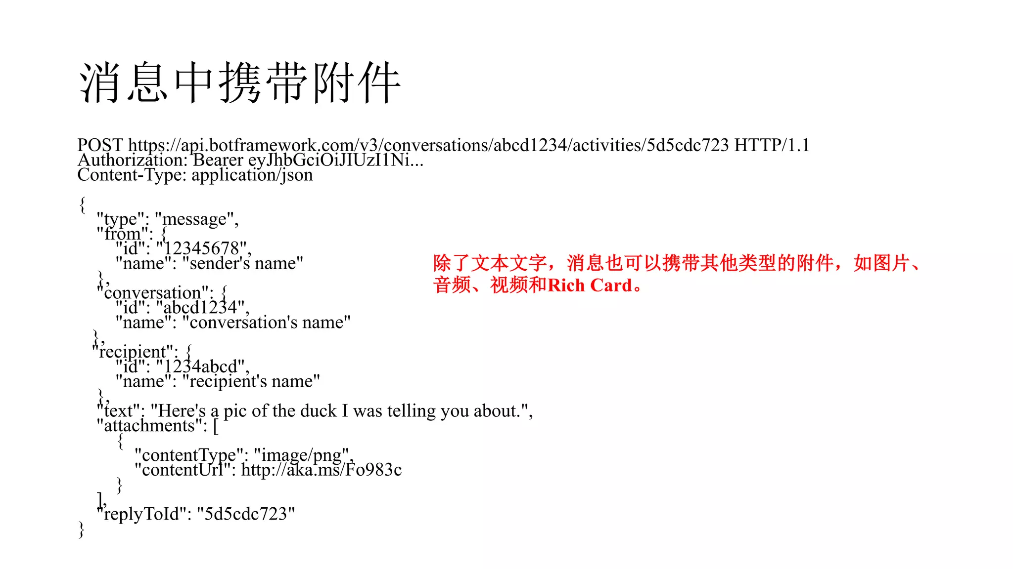 消息中携带附件
POST https://api.botframework.com/v3/conversations/abcd1234/activities/5d5cdc723 HTTP/1.1
Authorization: Bearer eyJhbGciOiJIUzI1Ni...
Content-Type: application/json
{
"type": "message",
"from": {
"id": "12345678",
"name": "sender's name"
},
"conversation": {
"id": "abcd1234",
"name": "conversation's name"
},
"recipient": {
"id": "1234abcd",
"name": "recipient's name"
},
"text": "Here's a pic of the duck I was telling you about.",
"attachments": [
{
"contentType": "image/png",
"contentUrl": http://aka.ms/Fo983c
}
],
"replyToId": "5d5cdc723"
}
除了文本文字，消息也可以携带其他类型的附件，如图片、
音频、视频和Rich Card。
 