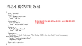 ϢЯӦ
{
"type": "message",
"from": {
"id": "mybot@gmail.com",
"name": "My bot"
},
"conversation": {
"id": "abcd1234",
"name": "conversation's name"
},
"recipient": {
"id": "john@gmail.com",
"name": "John Doe"
},
"channelData": {
"htmlBody" : "<html><body style="font-family: Calibri; font-size: 11pt;">email message goes
here</body></html>",
"subject":"email subject goes here",
"importance":"high"
},
"replyToId": "5d5cdc723"
}
ĳЩԽӦ޷ֱʹtext͸ʱҪЯӦ
ʹõ
 