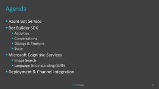 Agenda
6
▪ Azure Bot Service
▪ Bot Builder SDK
▪ Activities
▪ Conversations
▪ Dialogs & Prompts
▪ State
▪ Microsoft Cognitive Services
▪ Image Search
▪ Language Understanding (LUIS)
▪ Deployment & Channel Integration
 