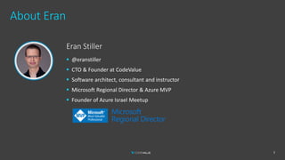 About Eran
Eran Stiller
▪ @eranstiller
▪ CTO & Founder at CodeValue
▪ Software architect, consultant and instructor
▪ Microsoft Regional Director & Azure MVP
▪ Founder of Azure Israel Meetup
7
 