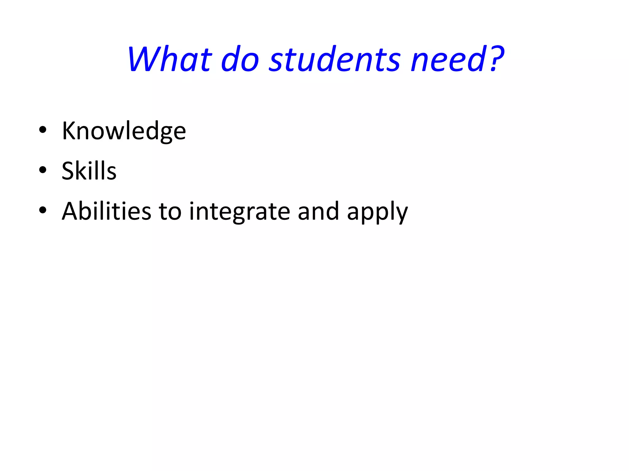 What do students need?
• Knowledge
• Skills
• Abilities to integrate and apply
 