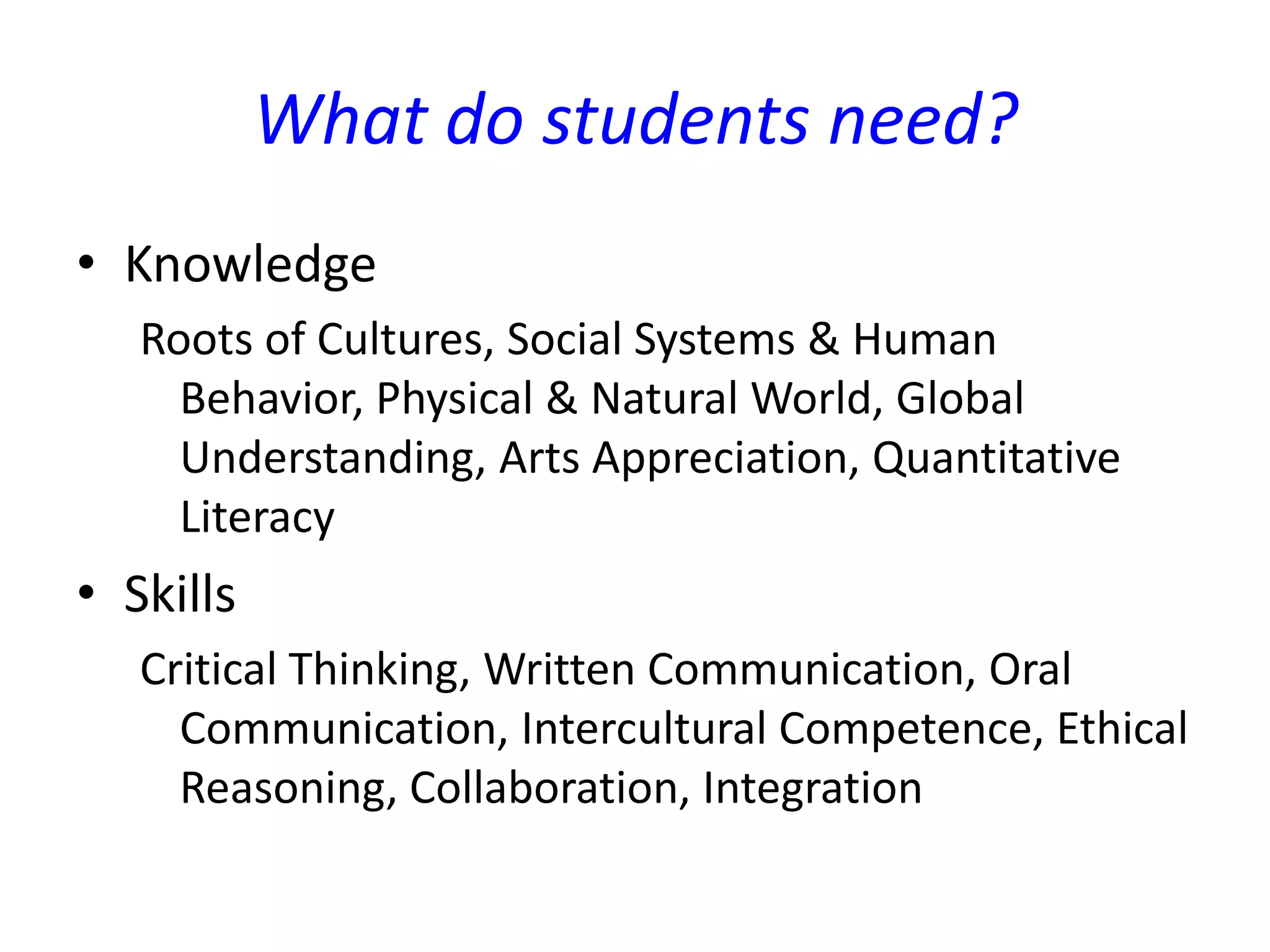 What do students need?
• Knowledge
Roots of Cultures, Social Systems & Human
Behavior, Physical & Natural World, Global
Understanding, Arts Appreciation, Quantitative
Literacy
• Skills
Critical Thinking, Written Communication, Oral
Communication, Intercultural Competence, Ethical
Reasoning, Collaboration, Integration
 