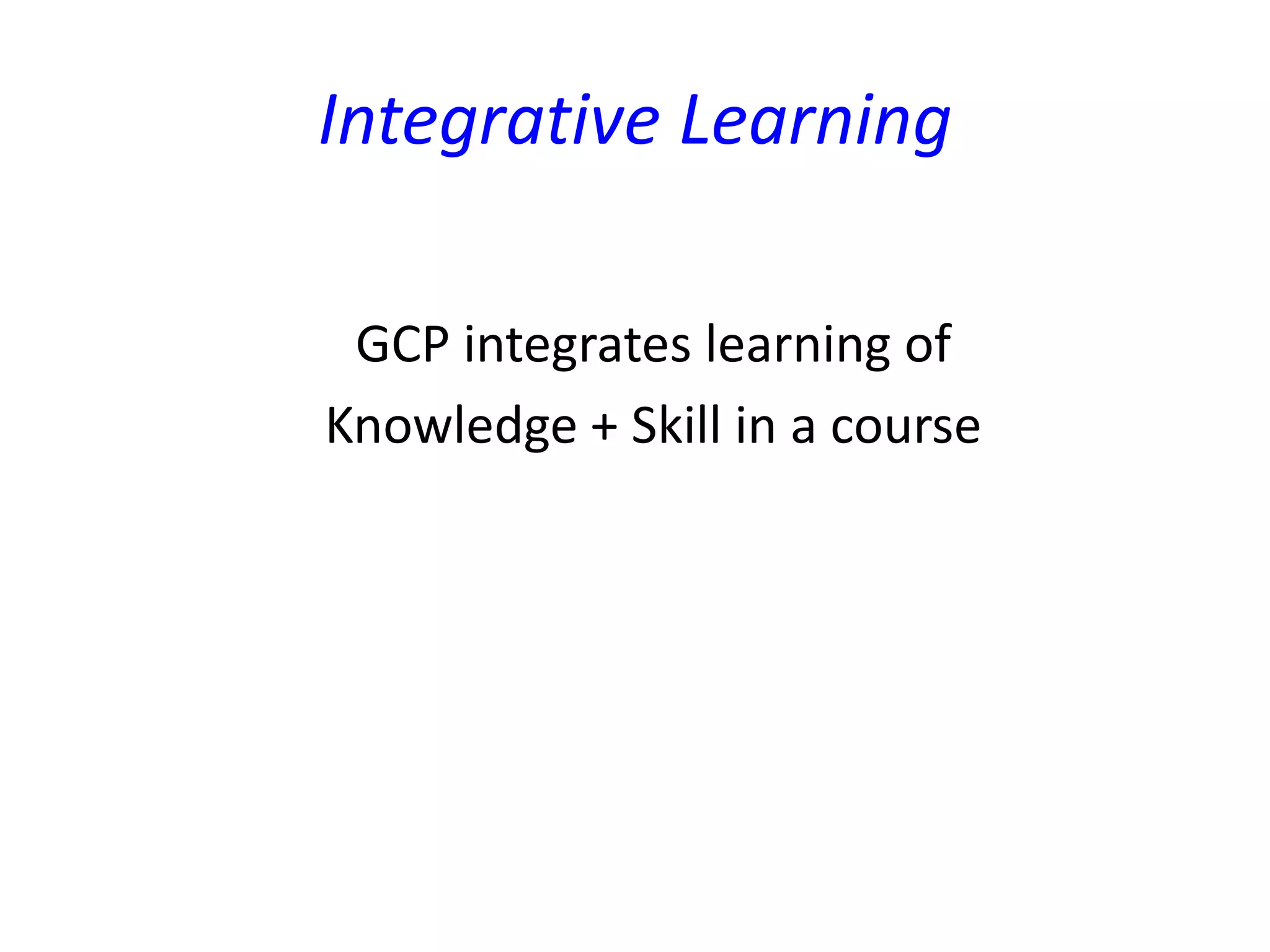 Integrative Learning
GCP integrates learning of
Knowledge + Skill in a course
 