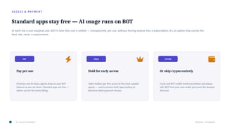 A C C E S S & PAY M E N T
Standard apps stay free — AI usage runs on BOT
AI work has a real marginal cost. BOT is how that cost is settled — transparently, per use, without forcing anyone into a subscription. It's an option that carries the
best rate, never a requirement.
PAY
Pay per use
Premium and AI-heavy agents draw on your BOT
balance as you use them. Standard apps are free —
tokens are for the heavy lifting.
HOLD
Hold for early access
Token holders get first access to the most capable
agents — and to partner-built apps landing on
BotGentz before general release.
EITHER
Or skip crypto entirely
Cards and BOT credits work everywhere and always
will. BOT from your own wallet just earns the deepest
discount.
03 · Access & Payment BotGentz · AI Playbook
 