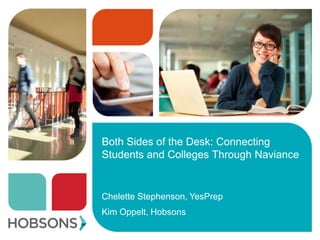 Both Sides of the Desk: Connecting
Students and Colleges Through Naviance
Chelette Stephenson, YesPrep
Kim Oppelt, Hobsons
 