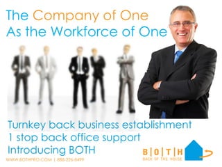 The Company of One
As the Workforce of One




Turnkey back business establishment
1 stop back office support
Introducing BOTH
WWW.BOTHPRO.COM | 888-226-8499
 