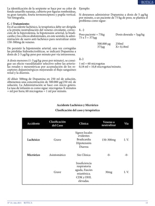 15N° 33, Año 2015
La identificación de la serpiente se hace por su color de
fondo amarillo naranja, cubierto por figuras romboideas,
su gran tamaño, foseta termoreceptora y pupila vertical.
Ver fotografía.
C.-) Tratamiento:
En el accidente lachésico, la terapéutica debe ser dirigida
a la pronta neutralización del veneno circulante, correc-
ción de la hipovolemia, la hipotensión arterial, la bradi-
cardia y los cólicos abdominales, en este sentido, la admi-
nistración de suero anti-lachésico para neutralizar entre
150-300mg de veneno.
De persistir la hipotensión arterial, una vez corregidas
las pérdidas hidroelectrolíticas, se indicará Dopamina a
dosis de 2-5 μg/kg-peso por minuto por vía intravenosa.
A dosis menores (1-3 μg/kg-peso por minuto), se consi-
gue un efecto vasodilatador selectivo sobre las arterio-
las renales y mesentéricas por acumulación de los re-
ceptores dopaminérgicos mejorando el flujo sanguíneo
renal y la diuresis.
Al diluir 500mg de Dopamina en 250 ml de solución,
obtenemos una concentración de 500.000 μg/250 ml, de
solución. La Administración se hace con micro gotero.
La tasa de infusión es como sigue: microgotas X minutos
= ml por hora; 60 microgotas = 1 ml por minuto.
Ejemplo:
Si deseamos administrar Dopamina a dosis de 5 μg/kg
por minuto, a un paciente de 75 kg de peso, se plantea el
problema como sigue:
1. -)
Peso paciente = 75kg		 Dosis deseada = 5μg/kg
75 x 5 = 375μg
		 500.000 μg 	 250ml
		375μg 		X= 0,18ml
2.-)
1 ml = 60 microgotas
0,18 ml = 10,8 microgotas/minuto.
Accidente Lachésico y Micrúrico
Clasificación del caso y terapéutica
Accidente
Clasificación
del Caso
Clínica
Veneno a
neutralizar
Vía
Lachésico Grave
Signos locales
evidentes
Bradicardia
Hipotensión
Diarrea
150-300mg I. V.
Micrúrico Asintomático Sin Clínica -0- -0-
Grave
Insuficiencia
respiratoria
aguda, Fascies
miasténica.
CDK y DHL
elevadas.
30mg I. V.
 