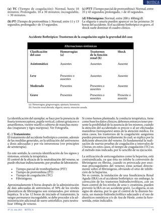 9N° 33, Año 2015
(a) TC (Tiempo de coagulación): Normal, hasta 10
minutos; Prolongado, 10 a 30 minutos; incoagulable,
> 30 minutos.
(b) PT (Tiempo de protrombina ): Normal, entre 11 y 13
segundos; prolongado> de 13 segundos.
(c) PTT (Tiempo parcial de protrombina): Normal, entre
35 y 45 segundos; prolongado, > de 45 segundos.
(d) Fibrinógeno: Normal, entre 200 y 400mg/dl.
La oliguria o anuria pueden aparecer en las primeras 24
horas del accidente. Si el accidente bothrópico es grave, el
shock suele dominar el cuadro clínico.
Accidente Bothrópico: Trastornos de la coagulación según la gravedad del caso
Alternaciones sistémicas
Clasificación
del caso
Hemorragias
(a)
Trastornos
de la función
renal (b)
Shock
Asintomático Ausentes Ausentes Ausente
Leve Presentes o
ausentes
Ausentes Ausente
Moderado Presentes Presentes o
ausentes
Ausente
Grave Presentes Presentes o
ausentes
Presente o
ausente
(a): Hemorragias, gingivorragias, epistaxis, hematuria.
(b): Función renal alterada, oliguria, anuria, retención azoada.
La identificación del ejemplar, se hace por la presencia de
foseta termoreceptora, pupila vertical, colores grisáceos o
amarillentos, vientre marfil o cubierto de manchas mora-
das (mapanare y tigra mariposa). Ver Fotografía.
C.-) Tratamiento:
El tratamiento del accidente bothrópico consiste, además
de las medidas generales, en la utilización del antiveneno
a dosis adecuadas y por vía intravenosa (ver principios
de seroterapia).
En este sentido, la correcta identificación de los signos y
síntomas, orienta la terapéutica.
El control de la eficacia de la neutralización del veneno, se
puede efectuar indirectamente, por pruebas de laboratorio:
•	 Tiempo parcial de tromboplastina (PIT)
•	 Tiempo de protrombina (PT)
•	 Tiempo de coagulación (TC)
•	 Fibrinógeno.
Aproximadamente 6 horas después de la administración
de dais adecuadas de antiveneno, el 50% de los niveles
plasmáticos de fibrinógeno son restaurados, por síntesis
hepática. Si a las 12 horas de iniciado el tratamiento, la
sangre permanece incoagulable, se debe proceder a la ad-
ministración adicional de suero antiofídico, para neutra-
lizar 100mg de veneno.
Si como hemos planteado, la conducta terapéutica, tiene
comobaselosdatosclínicos,debemosentoncestenerpre-
sente la posibilidad de la ausencia de los mismos, cuando
la atención del accidentado es precoz o al ser efectuadas
maniobras (torniquetes) antes de la atención médica. En
estos casos, los trastornos de la coagulación sanguínea
pueden presentarse tardíamente; lo cual, se explica por la
deficiente absorción del veneno. Es fundamental la reali-
zación de nuevas pruebas de coagulación a intervalos de
2 horas; en estos casos, el tiempo de coagulación (TC) es
el método más indicado, por lo sencillo de su ejecución.
La utilización de anticoagulantes como la heparina, está
contraindicada, ya que ésta no inhibe la conversión de
fibrinógeno en fibrina, cuando es provocada por enzi-
mas procoagulantes del veneno; estas actúan directa-
mente sobre el fibrinógeno, obviando el sitio de inhibi-
ción de la heparina.
No es común, la instalación de una Insuficiencia Renal
Aguda (IRA) en el accidente bothrópico: sin embargo, la
corrección de los trastornos hidroelectrolíticos, con un
buen control de los niveles de urea y creatinina, pueden
prevenir la IRA en un accidente grave. La oliguria, es un
signo de alarma, por lo que el control de la diuresis ho-
raria, un manejo hidroelectrolítico adecuado y el uso de
diuréticos osmóticos y/o de Asa de Henle, como la furo-
semida, están indicados.
 