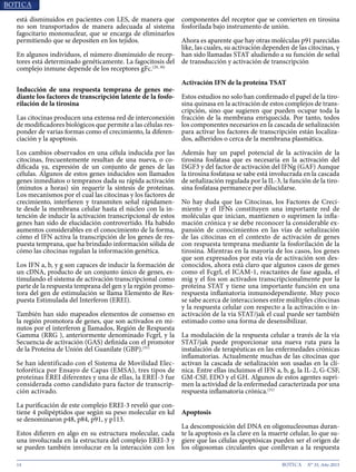 14 N° 35, Año 2015
está disminuidos en pacientes con LES, de manera que
no son transportados de manera adecuada al sistema
fagocitario mononuclear, que se encarga de eliminarlos
permitiendo que se depositen en los tejidos.
En algunos individuos, el número disminuido de recep-
tores está determinado genéticamente. La fagocitosis del
complejo inmune depende de los receptores gFc.(29, 30)
Inducción de una respuesta temprana de genes me-
diante los factores de transcripción latente de la fosfo-
rilación de la tirosina
Las citocinas producen una extensa red de interconexión
de modificadores biológicos que permite a las células res-
ponder de varias formas como el crecimiento, la diferen-
ciación y la apoptosis.
Los cambios observados en una célula inducida por las
citocinas, frecuentemente resultan de una nueva, o co-
dificada ya, expresión de un conjunto de genes de las
células. Algunos de estos genes inducidos son llamados
genes inmediatos o tempranos dada su rápida activación
(minutos a horas) sin requerir la síntesis de proteínas.
Los mecanismos por el cual las citocinas y los factores de
crecimiento, interfieren y transmiten señal rápidamen-
te desde la membrana celular hasta el núcleo con la in-
tención de inducir la activación transcripcional de estos
genes han sido de elucidación controvertido. Ha habido
aumentos considerables en el conocimiento de la forma,
cómo el IFN activa la transcripción de los genes de res-
puesta temprana, que ha brindado información sólida de
cómo las citocinas regulan la información genética.
Los IFN a, b, y g son capaces de inducir la formación de
un cDNA, producto de un conjunto único de genes, es-
timulando el sistema de activación transcripcional como
parte de la respuesta temprana del gen y la región promo-
tora del gen de estimulación se llama Elemento de Res-
puesta Estimulada del Interferon (EREI).
También han sido mapeados elementos de consenso en
la región promotora de genes, que son activados en mi-
nutos por el interferon g llamados, Región de Respuesta
Gamma (RRG ), anteriormente denominado Fcgrl, y la
Secuencia de activación (GAS) definida con el promotor
de la Proteína de Unión del Guanilate (GBP).(31)
Se han identificado con el Sistema de Movilidad Elec-
toforética por Ensayo de Capas (EMSA), tres tipos de
proteínas EREI diferentes y una de ellas, la EREI-3 fue
considerada como candidato para factor de transcrip-
ción activado.
La purificación de este complejo EREI-3 reveló que con-
tiene 4 polipéptidos que según su peso molecular en kd
se denominaron p48, p84, p91, y p113.
Estos difieren en algo en su estructura molecular, cada
una involucrada en la estructura del complejo EREI-3 y
se pueden también involucrar en la interacción con los
componentes del receptor que se convierten en tirosina
fosforilada bajo instrumento de unión.
Ahora es aparente que hay otras moléculas p91 parecidas
like, las cuales, su activación dependen de las citocinas, y
han sido llamadas STAT aludiendo a su función de señal
de transducción y activación de transcripción
Activación IFN de la proteína TSAT
Estos estudios no solo han confirmado el papel de la tiro-
sina quinasa en la activación de estos complejos de trans-
cripción, sino que sugieren que pueden ocupar toda la
fracción de la membrana enriquecida. Por tanto, todos
los componentes necesarios en la cascada de señalización
para activar los factores de transcripción están localiza-
dos, adheridos o cerca de la membrana plasmática.
Además hay un papel potencial de la activación de la
tirosina fosfatasa que es necesaria en la activación del
ISGF3 y del factor de activación del IFNg (GAF) Aunque
la tirosina fosfatasa se sabe está involucrada en la cascada
de señalización regulada por la IL-3, la función de la tiro-
sina fosfatasa permanece por dilucidarse.
No hay duda que las Citocinas, los Factores de Creci-
miento y el IFNs constituyen una importante red de
moléculas que inician, mantienen o suprimen la infla-
mación crónica y se debe reconocer la considerable ex-
pansión de conocimientos en las vías de señalización
de las citocinas en el contexto de activación de genes
con respuesta temprana mediante la fosforilación de la
tirosina. Mientras en la mayoría de los casos, los genes
que son expresados por esta vía de activación son des-
conocidos, ahora está claro que algunos casos de genes
como el Fcgrl, el ICAM-1, reactantes de fase aguda, el
mig y el fos son activados transcripcionalmente por la
proteína STAT y tiene una importante función en una
respuesta inflamatoria inmunodependiente. Muy poco
se sabe acerca de interacciones entre múltiples citocinas
y la respuesta celular con respecto a la activación o in-
activación de la vía STAT/jak el cual puede ser también
estimado como una forma de desensibilizar.
La modulación de la respuesta celular a través de la vía
STAT/jak puede proporcionar una nueva ruta para la
instalación de terapéuticas en las enfermedades crónicas
inflamatorias. Actualmente muchas de las citocinas que
activan la cascada de señalización son usadas en la clí-
nica. Entre ellas incluimos el IFN a, b, g, la IL-2, G-CSF,
GM-CSF, EDO y el GH. Algunos de estos agentes supri-
men la actividad de la enfermedad caracterizada por una
respuesta inflamatoria crónica.(31)
Apoptosis
La descomposición del DNA en oligonucleosmas duran-
te la apoptosis es la clave en la muerte celular, lo que su-
giere que las células apoptósicas pueden ser el origen de
los oligosomas circulantes que conllevan a la respuesta
 