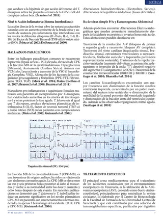 7N° 46, Año 2015
que conduce a la hipótesis de que acción del veneno del T.
discrepans activa las plaquetas a través de la GPVI-FcR del
complejo cadena beta. (Brazón et al. 2011)
Nivel 4: Acción Inflamatoria (Sistema Interleukinas):
La acción directa de la venina sobre las sustancias autacoides
naturales con un aumento eminente de la bradicinina y au-
mento de sustancia pro inflamatoria tipo interleukinas con
los niveles de diferentes citoquinas (IL-1beta, IL-6, IL-8, IL-
10), del Factor de Necrosis Tumoral (TNF-alfa) y óxido nítri-
co (NO). (Mota et al. 2002; De Sousa et al. 2009)
HALLAZGOS PARACLÍNICOS
Entre los hallazgos paraclínicos comunes se encuentran
Lipasemia (lipasa sericas), PCR elevada, elevación de CPK
y la fracción MB de la creatinfosfokinasa, Hiperglucemia
(Glicemia), Aminasemia (Amilasa Sérica). Anemia con
VCM alto, Leucocitosis y aumento de la VSG (Hematolo-
gía Completa. VSG), Alteración de los factores de la coa-
gulación procoagulantes y fibrinólisis (PPT, PTT. Fibrinó-
geno, TGO, TGP). (Mota et al. 1994; Matos Coelhoa et
al. 2007; Brazon J et al. 2008; Brazón et al. 2011).
Marcadores pro inflamatorios e isquémicos: Estudios rea-
lizados con pacientes de escorpionismo por T. discrepans,
han evidenciado aumentos en los niveles de interleuqui-
na-6 y otras proteínas de fase aguda. T. falconensis al igual
que T. discrepans, produce elevaciones plasmáticas de in-
terleuquina-6 (IL-6), factor de necrosis tumoral (TNF-α)
y óxido nítrico (NO) en los pacientes con complicaciones
sistémicas. (Mota et al. 2002; Guinand et al. 2004)
La fracción MB de la creatinfosfokinasa 2 (CPK-MB), es
una isoenzima de origen cardíaco, ha sido correlacionada
con síndrome coronario agudo. La CPK-MB se eleva entre
las tres y seis primeras horas posterior al daño al miocar-
dio, y vuelve a su normalidad entre las doce y cuarenta y
ocho horas después de este evento. En recientes publica-
ciones se demostró que T. falconensi y T. isabelceciliae in-
duce un aumento significativo en los niveles plasmáticos
CPK-MB en pacientes con envenenamiento sistémico mo-
derado, en apenas 2 horas luego del accidente. (PCR, CPK
y CPK-MB). (Guinand et al. 2004)
Alteraciones hidroelectrolíticas (Electrolitos Séricos),
Alteraciones del equilibrio ácido/base (Gases Arteriales).
Rx de tórax simple P/A y Ecosonograma Abdominal
Además podemos encontrar Alteraciones Electrocardio-
gráficas que pueden presentarse inmediatamente des-
pués del accidente escorpiónico o varias horas más tarde.
Estas alteraciones pueden clasificarse en:
Trastornos de la conducción A-V (bloqueo de primer
o segundo grado y raramente, bloqueo AV completo);
Trastornos del ritmo cardíaco (taquicardia sinusal, bra-
dicardia sinusal, extrasístoles ventriculares o supraven-
triculares, fibrilación auricular y taquicardia paroxística
supraventricular sostenida); Trastornos de la repolariza-
ción ventricular (aumento del voltaje, acuminación, apla-
namiento o inversión de la onda “T”; desnivel negativo
del segmento ST; alargamiento del QTc); Trastornos de la
conducción intraventricular (BRDHH y BRIHH). (San-
tiago et al. 2010; Bharath et al. 2014)
Los cambios Ecocardiográficos encontrados con ma-
yor frecuencia son: disminución de la función sistólica
ventricular izquierda, caracterizada por un pobre movi-
miento del septum interventricular o disminución de la
motilidad de la pared posterior del ventrículo izquierdo
y disminución de la fracción corta del ventrículo izquier-
do. Además se ha observado regurgitación mitral aguda.
(Santiago et al. 2010)
TRATAMIENTO ESPECIFICO
El principal arma medicamentosa para el tratamiento
de los accidentes ocasionados por el envenenamiento
escorpiónico en Venezuela, es la utilización de la Anti-
venina escorpiónica (AVE, conocido como Suero Anties-
corpiónico), principalmente para neutralizar la venina
circulante. Es elaborado por el Centro de Biotecnología
de la Facultad de Farmacia de la Universidad Central de
Venezuela y que está constituido por una solución de
inmunoglobulinas específicas, purificadas por digestión
Taquicardia sinusal (FC: 136 lpm)
 