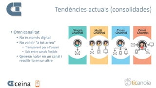 Tendències actuals (consolidades)
• Omnicanalitat
• No és només digital
• No vol dir “a tot arreu”
• Transparent per a l’usuari
• Salt entre canals flexible
• Generar valor en un canal i
recollir-lo en un altre
 