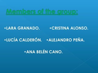 LARA GRANADO. CRISTINA ALONSO.
LUCÍA CALDERÓN. ALEJANDRO PEÑA.
ANA BELÉN CANO.
 