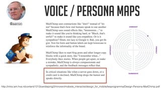VOICE / PERSONA MAPS
http://intra.iam.hva.nl/content/1213/verdieping2/minoren/mobiele_interactie/design_for_mobile/lesprogramma/Design-Persona-MailChimp.pdf
@aarron
 
