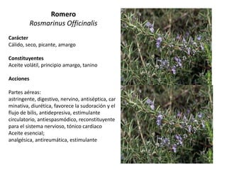 Romero
Rosmarinus Officinalis
Carácter
Cálido, seco, picante, amargo
Constituyentes
Aceite volátil, principio amargo, tanino
Acciones
Partes aéreas:
astringente, digestivo, nervino, antiséptica, car
minativa, diurética, favorece la sudoración y el
flujo de bilis, antidepresiva, estimulante
circulatorio, antiespasmódico, reconstituyente
para el sistema nervioso, tónico cardiaco
Aceite esencial;
analgésica, antireumática, estimulante

 