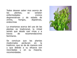 Todos desean saber más acerca de
las
plantas,
se
señalan
enfermedades
crónico
degenerativas y de estado de
ánimo,
hongos,
digestivas,
endócrinas
La enseñanza acerca del uso de las
plantas es tradicional, la mitad
señaló que desde casi niñas y a
través
de
recomendaciones
familiares.
Se concluye que las plantas
medicinales
perduran
en
la
tradición, que se da de manera oral
y que debido a su eficacia son
recordadas y en su mayoría,
recomendadas.

 
