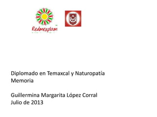 Diplomado en Temaxcal y Naturopatía
Memoria
Guillermina Margarita López Corral
Julio de 2013

 