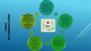 Para evitar que
se alteren los
medicamentos,
procurar que los
envases estén
bien cerrados.
El botiquín no
debe tener
cerradura,
debe estar
ordenado y
etiquetado.
Haga una lista
del contenido y
péguelo en la
contratapa del
botiquín.
Incluiremos
además, una
lista del los
números
telefónicos de
emergencia
(SAMU,
bomberos,
policías) etc.
Los
medicamentos
pueden ser
alterados por la
humedad o el
calor por lo que
no se
recomienda
colocarlos en el
baño o la
cocina
OTRAS
RECOMENDACIONES
 