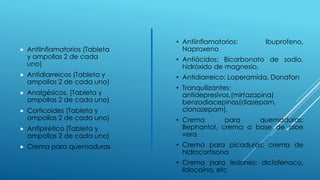  Antiinflamatorios (Tableta
y ampollas 2 de cada
uno)
 Antidiarreicos (Tableta y
ampollas 2 de cada uno)
 Analgésicos. (Tableta y
ampollas 2 de cada uno)
 Corticoides (Tableta y
ampollas 2 de cada uno)
 Antipirético (Tableta y
ampollas 2 de cada uno)
 Crema para quemaduras
• Antiinflamatorios: Ibuprofeno,
Naproxeno
• Antiácidos: Bicarbonato de sodio,
hidróxido de magnesio.
• Antidiarreico: Loperamida, Donafan
• Tranquilizantes:
antidepresivos,(mirtazapina)
benzodiacepinas(diazepam,
clonazepam).
• Crema para quemaduras:
Bephantol, crema a base de aloe
vera
• Crema para picaduras: crema de
hidrocortisona
• Crema para lesiones: diclofenaco,
lidocaína, etc
 