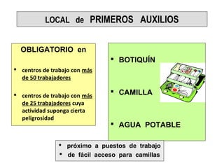 LOCAL de PRIMEROS AUXILIOS


  OBLIGATORIO en
                                BOTIQUÍN
 centros de trabajo con más
  de ...