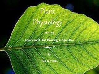 Plant
Physiology
BOT-232
Importance of Plant Physiology in Agriculture
Lecture- 1st
By
Prof. SD Tidke
 
