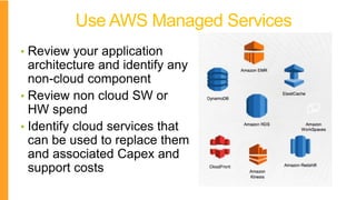 Use AWS Managed Services
• Review your application
architecture and identify any
non-cloud component
• Review non cloud SW or
HW spend
• Identify cloud services that
can be used to replace them
and associated Capex and
support costs
 