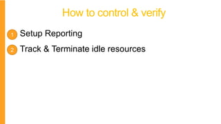 How to control & verify
Setup Reporting
Track & Terminate idle resources
1
2
 