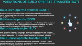 Build-own-operate (BOO)
Build-lease-transfer (BLT)
Build-lease-operate-transfer (BLOT)
Here, a private organization builds...