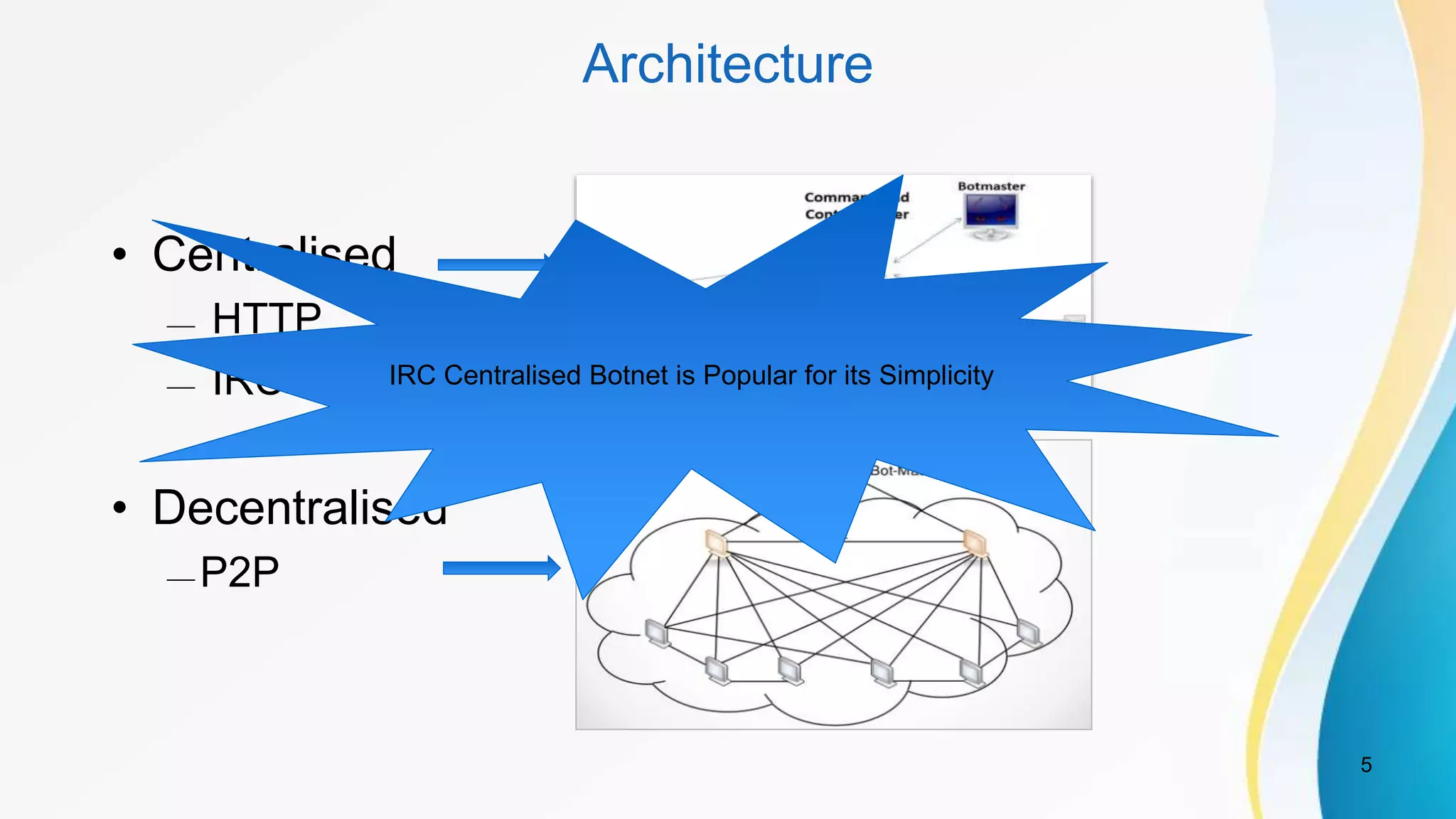 Architecture
• Centralised
— HTTP
— IRC
• Decentralised
—P2P
5
IRC Centralised Botnet is Popular for its Simplicity
 