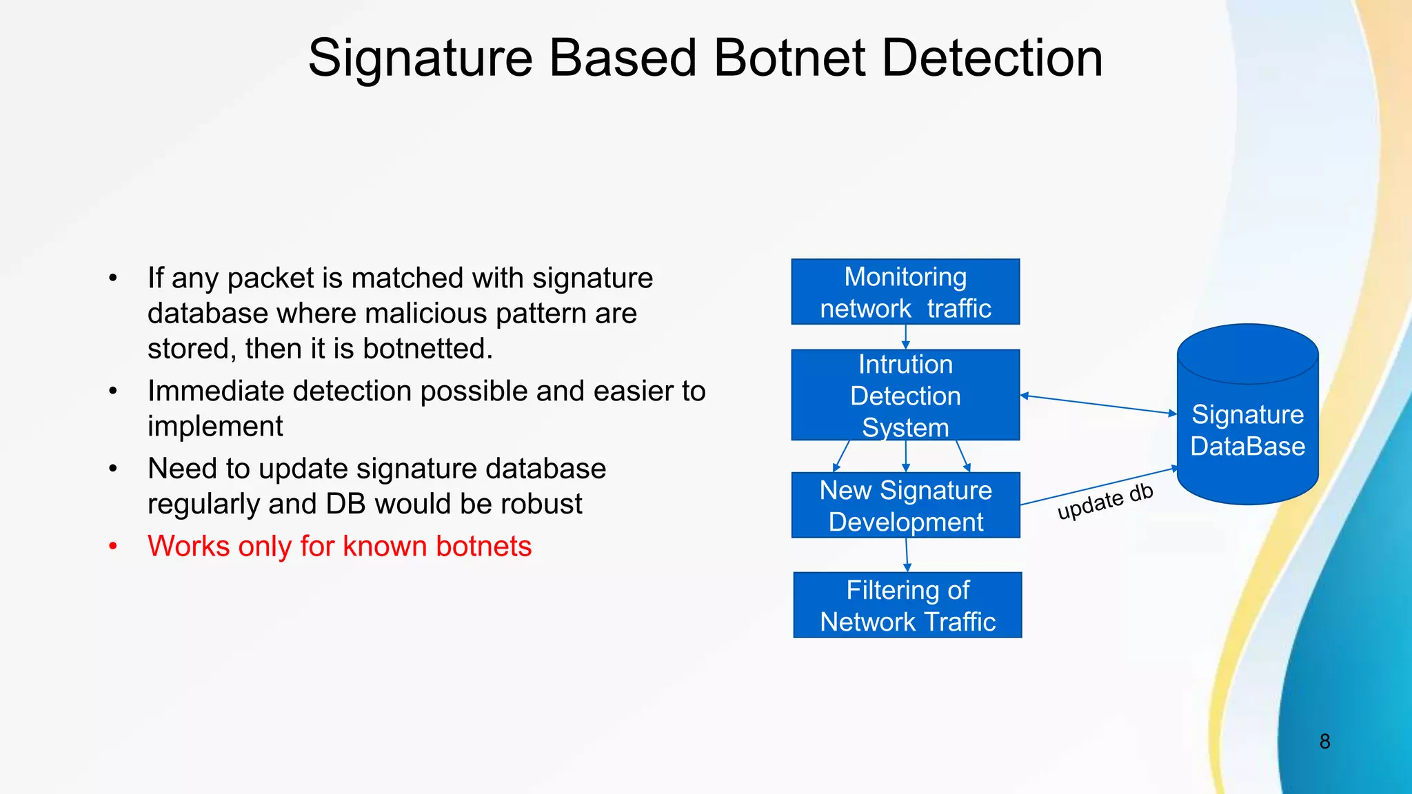 Signature Based Botnet Detection
• If any packet is matched with signature
database where malicious pattern are
stored, then it is botnetted.
• Immediate detection possible and easier to
implement
• Need to update signature database
regularly and DB would be robust
• Works only for known botnets
Monitoring
network traffic
Intrution
Detection
System
New Signature
Development
Filtering of
Network Traffic
Signature
DataBase
8
 