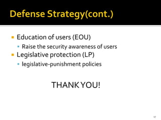  Education of users (EOU)
 Raise the security awareness of users
 Legislative protection (LP)
 legislative-punishment policies
THANKYOU!
17
 