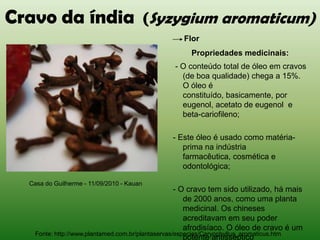 Cravo da índia (Syzygium aromaticum)
                                                   Flor
                                                     Propriedades medicinais:
                                                - O conteúdo total de óleo em cravos
                                                  (de boa qualidade) chega a 15%.
                                                  O óleo é
                                                  constituído, basicamente, por
                                                  eugenol, acetato de eugenol e
                                                  beta-cariofileno;

                                               - Este óleo é usado como matéria-
                                                  prima na indústria
                                                  farmacêutica, cosmética e
                                                  odontológica;

  Casa do Guilherme - 11/09/2010 - Kauan
                                                    - O cravo tem sido utilizado, há mais
                                                       de 2000 anos, como uma planta
                                                       medicinal. Os chineses
                                                       acreditavam em seu poder
                                                       afrodisíaco. O óleo de cravo é um
    Fonte: http://www.plantamed.com.br/plantaservas/especies/Caryophyllus_aromaticus.htm
                                                       potente antisséptico
 