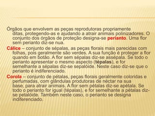 Órgãos que envolvem as peças reprodutoras propriamente
  ditas, protegendo-as e ajudando a atrair animais polinizadores. O
  conjunto dos órgãos de proteção designa-se perianto. Uma flor
  sem perianto diz-se nua.
Cálice – conjunto de sépalas, as peças florais mais parecidas com
  folhas, pois geralmente são verdes. A sua função é proteger a flor
  quando em botão. A flor sem sépalas diz-se assépala. Se todo o
  perianto apresentar o mesmo aspecto (tépalas), e for
  semelhante a sépalas diz-se sepalóide. Neste caso diz-se que o
  perianto é indiferenciado.
Corola – conjunto de pétalas, peças florais geralmente coloridas e
  perfumadas, com glândulas produtoras de néctar na sua
  base, para atrair animais. A flor sem pétalas diz-se apétala. Se
  todo o perianto for igual (tépalas), e for semelhante a pétalas diz-
  se petalóide. Também neste caso, o perianto se designa
  indiferenciado.
 