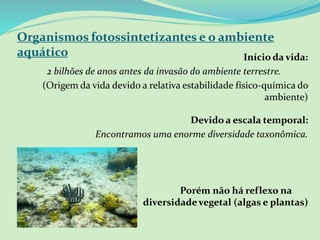Organismos fotossintetizantes e o ambiente
aquático Início da vida:
2 bilhões de anos antes da invasão do ambiente terrestre.
(Origem da vida devido a relativa estabilidade físico-química do
ambiente)
Devido a escala temporal:
Encontramos uma enorme diversidade taxonômica.
Porém não há reflexo na
diversidadevegetal (algas e plantas)
 