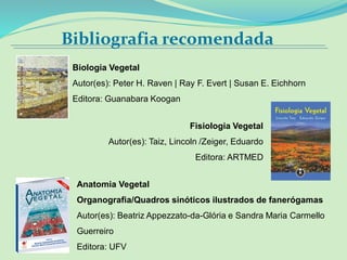 Fisiologia Vegetal
Autor(es): Taiz, Lincoln /Zeiger, Eduardo
Editora: ARTMED
Biologia Vegetal
Autor(es): Peter H. Raven | Ray F. Evert | Susan E. Eichhorn
Editora: Guanabara Koogan
Bibliografia recomendada
Anatomia Vegetal
Organografia/Quadros sinóticos ilustrados de fanerógamas
Autor(es): Beatriz Appezzato-da-Glória e Sandra Maria Carmello
Guerreiro
Editora: UFV
 