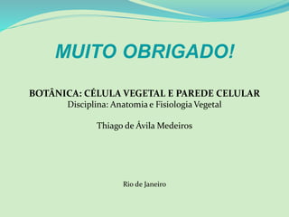 BOTÂNICA: CÉLULA VEGETAL E PAREDE CELULAR
Disciplina: Anatomia e Fisiologia Vegetal
Thiago de Ávila Medeiros
Rio de Janeiro
MUITO OBRIGADO!
 