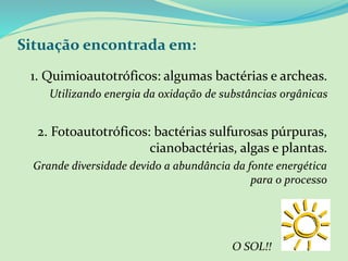Situação encontrada em:
1. Quimioautotróficos: algumas bactérias e archeas.
Utilizando energia da oxidação de substâncias orgânicas
2. Fotoautotróficos: bactérias sulfurosas púrpuras,
cianobactérias, algas e plantas.
Grande diversidade devido a abundância da fonte energética
para o processo
O SOL!!
 