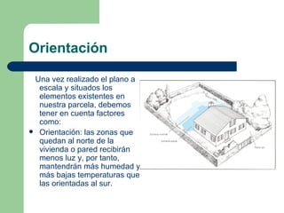 Orientación Una vez realizado el plano a escala y situados los elementos existentes en nuestra parcela, debemos tener en cuenta factores como: Orientación: las zonas que quedan al norte de la vivienda o pared recibirán menos luz y, por tanto, mantendrán más humedad y más bajas temperaturas que las orientadas al sur. 