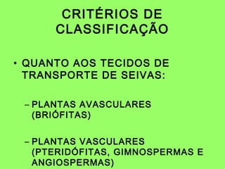 CRITÉRIOS DE
      CLASSIFICAÇÃO

• QUANTO AOS TECIDOS DE
  TRANSPORTE DE SEIVAS:

 – PLANTAS AVASCULARES
   (BRIÓFITAS)


 – PLANTAS VASCULARES
   (PTERIDÓFITAS, GIMNOSPERMAS E
   ANGIOSPERMAS)
 