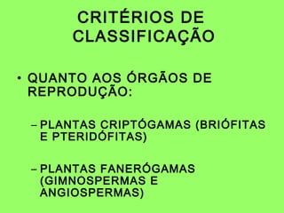 CRITÉRIOS DE
      CLASSIFICAÇÃO

• QUANTO AOS ÓRGÃOS DE
  REPRODUÇÃO:

 – PLANTAS CRIPTÓGAMAS (BRIÓFITAS
   E PTERIDÓFITAS)

 – PLANTAS FANERÓGAMAS
   (GIMNOSPERMAS E
   ANGIOSPERMAS)
 