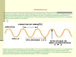 NATURALEZA DE LA LUZ


 La luz blanca se separa en diferentes colores(longitudes de ondas) al pasar a través de un prisma. La longitud de onda (l )
 se define como la distancia entre dos crestas o dos valles de una onda. La energía es inversamente proporcional a la
 longitud de onda; las longitudes de onda largas tienen menos energía que las de longitudes de onda cortas. La energía de
 un fotón se puede calcular con la ecuación:

 E=




                                                            E=




Donde h es la constante de Planck con valor de 6,6262 x 10 34 J.S, C la velocidad de la luz 3,0 x 108 m .S-1 y λ la longitud de
onda en metros (m). La energía del fotón es inversamente proporcional a la longitud de onda. El ordenamiento de los
colores del espectro luminoso, está determinado por las longitudes de onda de la luz. La luz visible es una pequeña parte
del espectro electromagnético comprendida entre 390 nm y 770 nm (nanómetro).
 