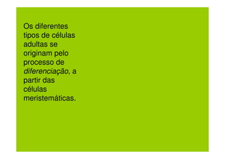 Meristemática: parede
                                         primária, núcleo central, faz
Os diferentes                            mitoses e se diferencia em outras.


tipos de células      Parênquima:
                      volume maior,
adultas se            parede primaria,
                      vacúolo grande,
originam pelo         organelas, núcleo
                      periférico,
processo de
diferenciação, a
partir das
                   Colênquima:
células            alongada, sem
                   cloroplastos, viva,
meristemáticas.    parede primária
                   espessada.

                        Esclerênquima:
                        alongada, morta e vazia,
                        parede secundária.
 