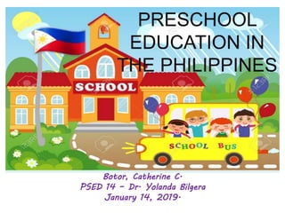 PRESCHOOL
EDUCATION IN
THE PHILIPPINES
Botor, Catherine C.
PSED 14 – Dr. Yolanda Bilgera
January 14, 2019.
 