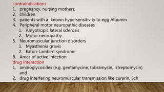 contraindications
1. pregnancy, nursing mothers,
2. children
3. patients with a known hypersensitivity to egg Albumin
4. Peripheral motor neuropathic diseases
1. Amyotropic lateral sclerosis
2. Motor neuropathy
5. Neuromuscular junction disorders
1. Myasthenia gravis
2. Eaton-Lambert syndrome
6. Areas of active infection
drug interaction
1. aminoglycosides (e.g. gentamycine, tobramycin, streptomycin)
and
2. drug interfering neuromuscular transmission like curarin, Sch
 