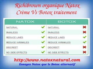  Richibrown organique Natox
 Crème Vs Botox traitement




http://www.natoxnatural.com
  Essayez Natox que le Botox alternatif
 