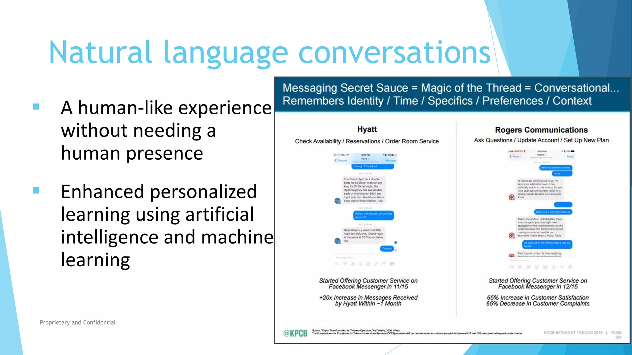 Natural language conversations
 A human-like experience
without needing a
human presence
 Enhanced personalized
learning using artificial
intelligence and machine
learning
Proprietary and Confidential
 